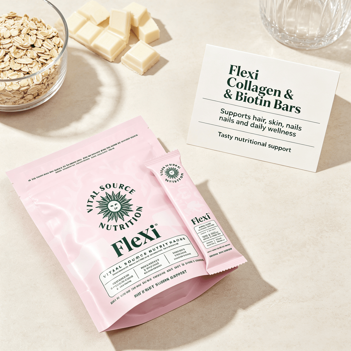 Collagen & Biotin Nutrition Bars in pastel pink resealable pouch and single bar wrapper, supporting hair skin nails daily wellness.