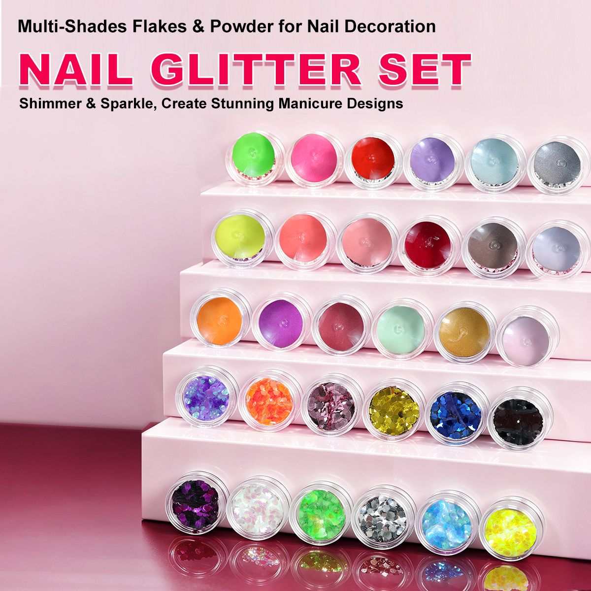 Doba acrylic nail kit with three acrylic powders, monomer liquid, glitter, UV LED lamp, gel polish, and professional nail tools.