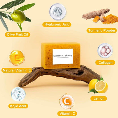 Turmeric Soap & Turmeric Face Wash Set featuring a yellow turmeric soap bar with natural ingredients like olive oil, lemon, and collagen.