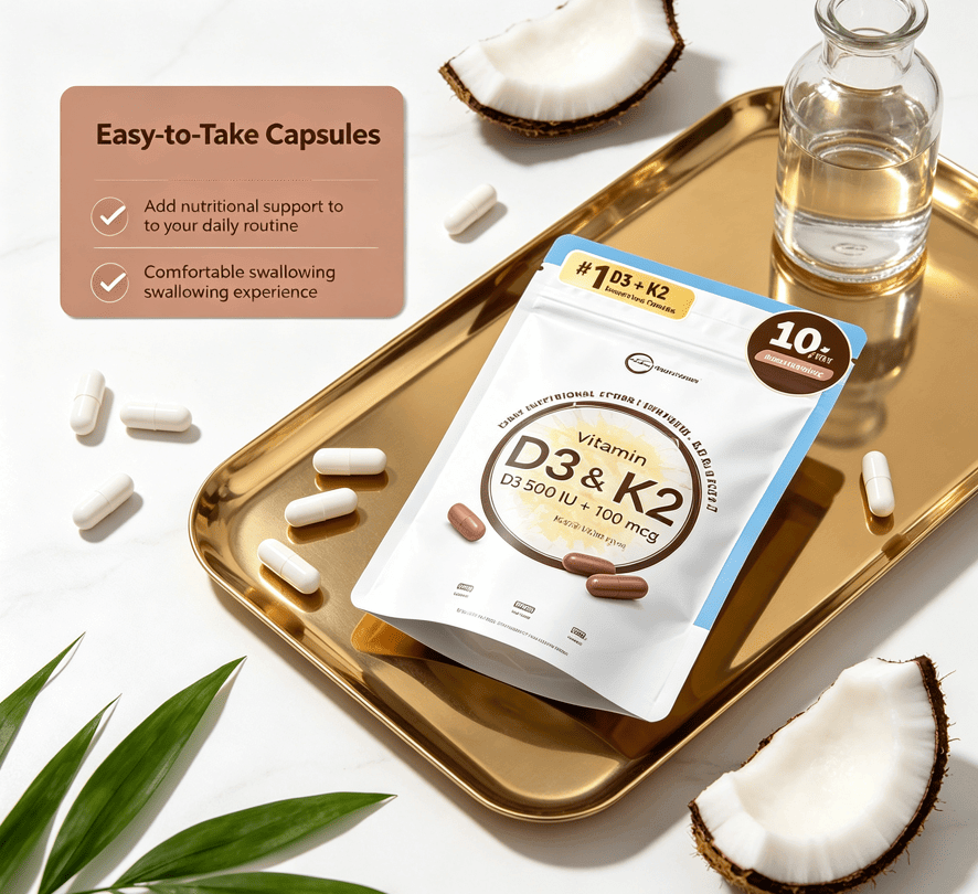 D3 K2 coconut flavor adult vitamin capsules in resealable pouch on a tray with coconut and water.