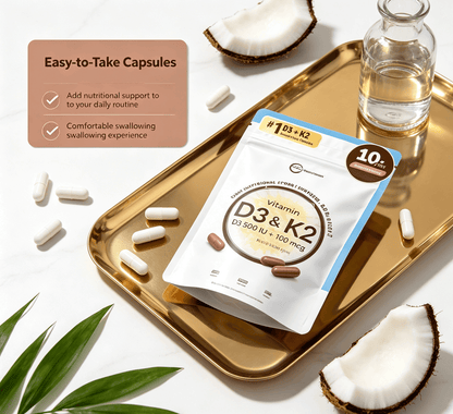 D3 K2 coconut flavor adult vitamin capsules in resealable pouch on a tray with coconut and water.