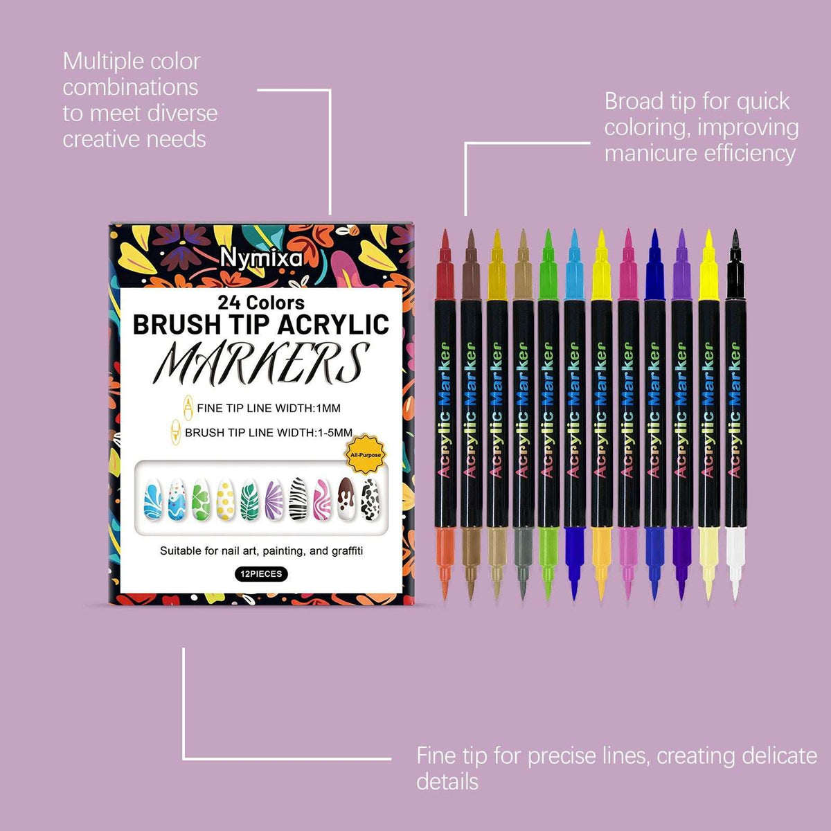 Doba Nymixa double-ended nail art graffiti pen set with bright colors, quick-drying, easy-to-use nail art tools for beginners.