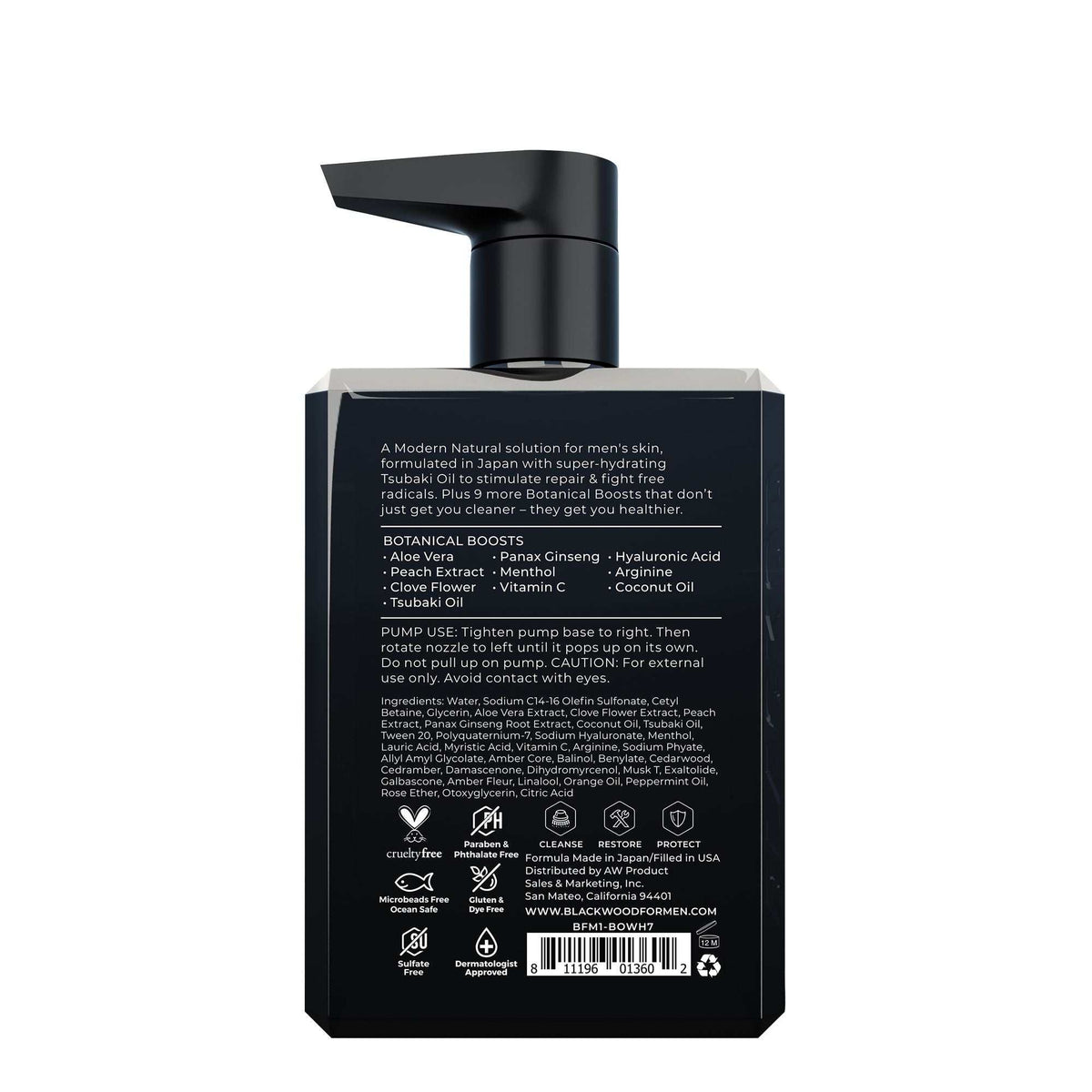 Pure Moisture Body Wash black rectangular bottle with pump dispenser showing detailed ingredients and botanical boosts text on the back label