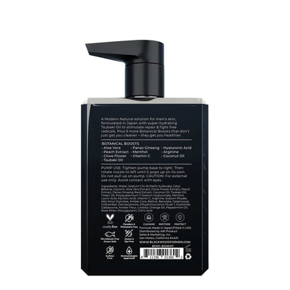 Pure Moisture Body Wash black rectangular bottle with pump dispenser showing detailed ingredients and botanical boosts text on the back label