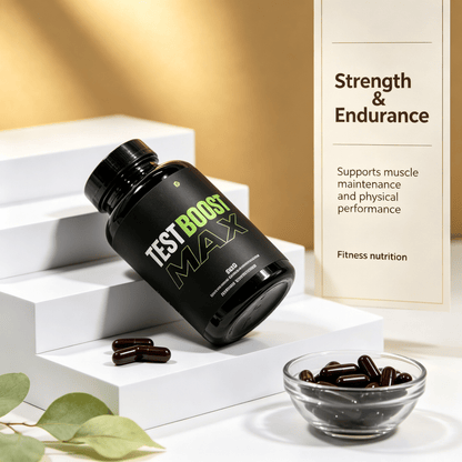 Herbal Blend Nutritional Capsules in black plastic bottle with green and white text, containing dark brown capsules in a glass bowl.