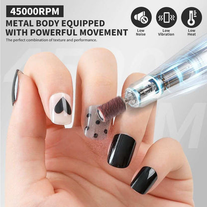Doba portable electric nail drill with 45000 RPM, rechargeable cordless nail file kit for acrylic, manicure, and pedicure.