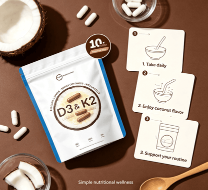 D3 & K2 coconut flavor nutrient supplement in white capsules with resealable white and blue pouch and coconut shell accents