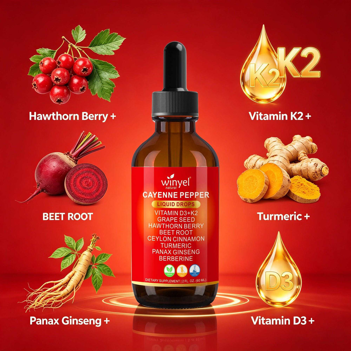 Doba WINYEL Cayenne Pepper Drops herbal supplement bottle with cayenne pepper, hawthorn berry, turmeric, cinnamon, and other ingredients.