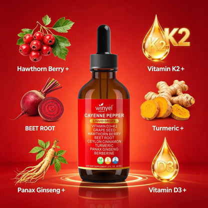 Doba WINYEL Cayenne Pepper Drops herbal supplement bottle with cayenne pepper, hawthorn berry, turmeric, cinnamon, and other ingredients.