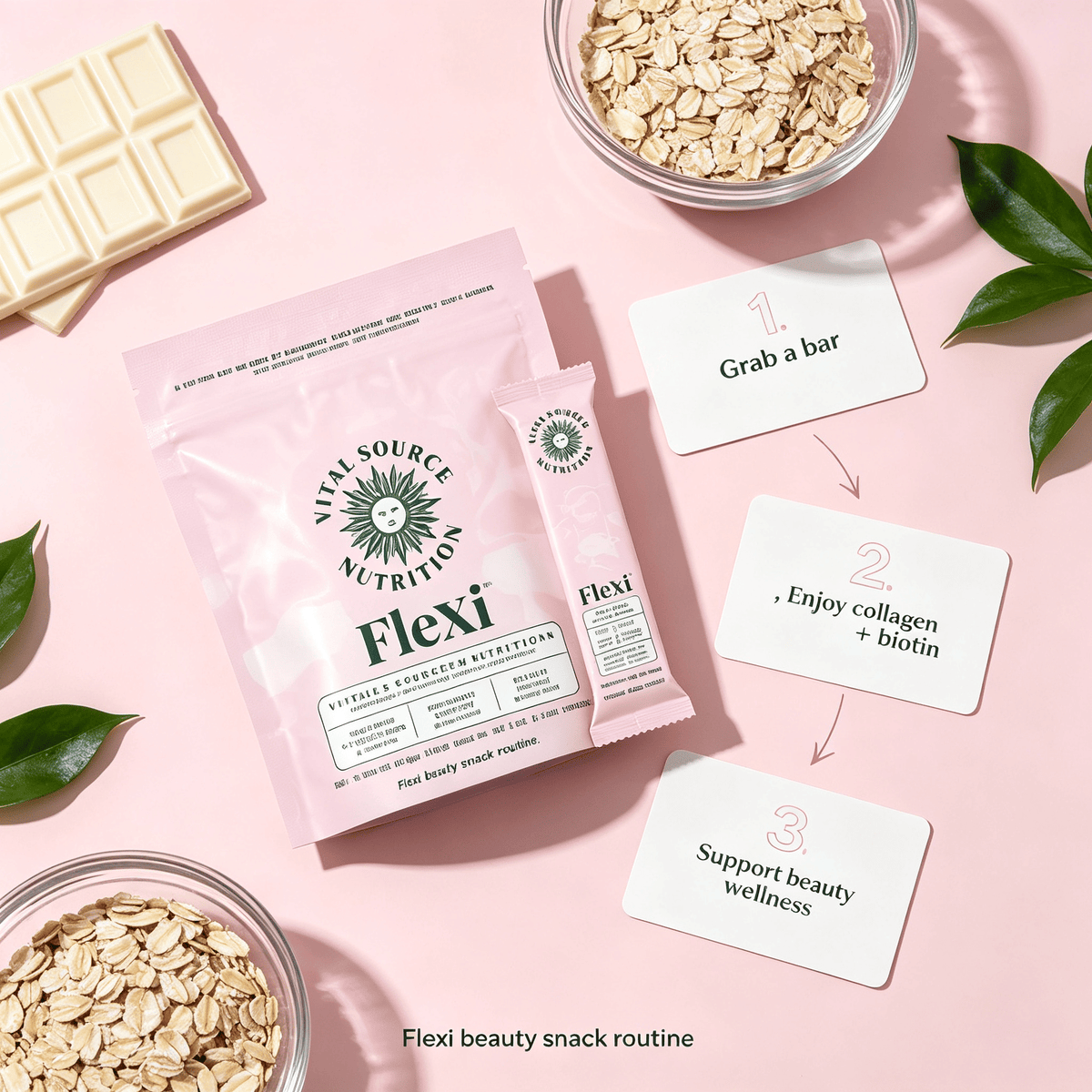 Collagen & Biotin Nutrition Bars in pink resealable pouch with individual bar, featuring natural oats and instructions for beauty wellness routine