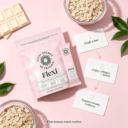 Collagen & Biotin Nutrition Bars in pink resealable pouch with individual bar, featuring natural oats and instructions for beauty wellness routine