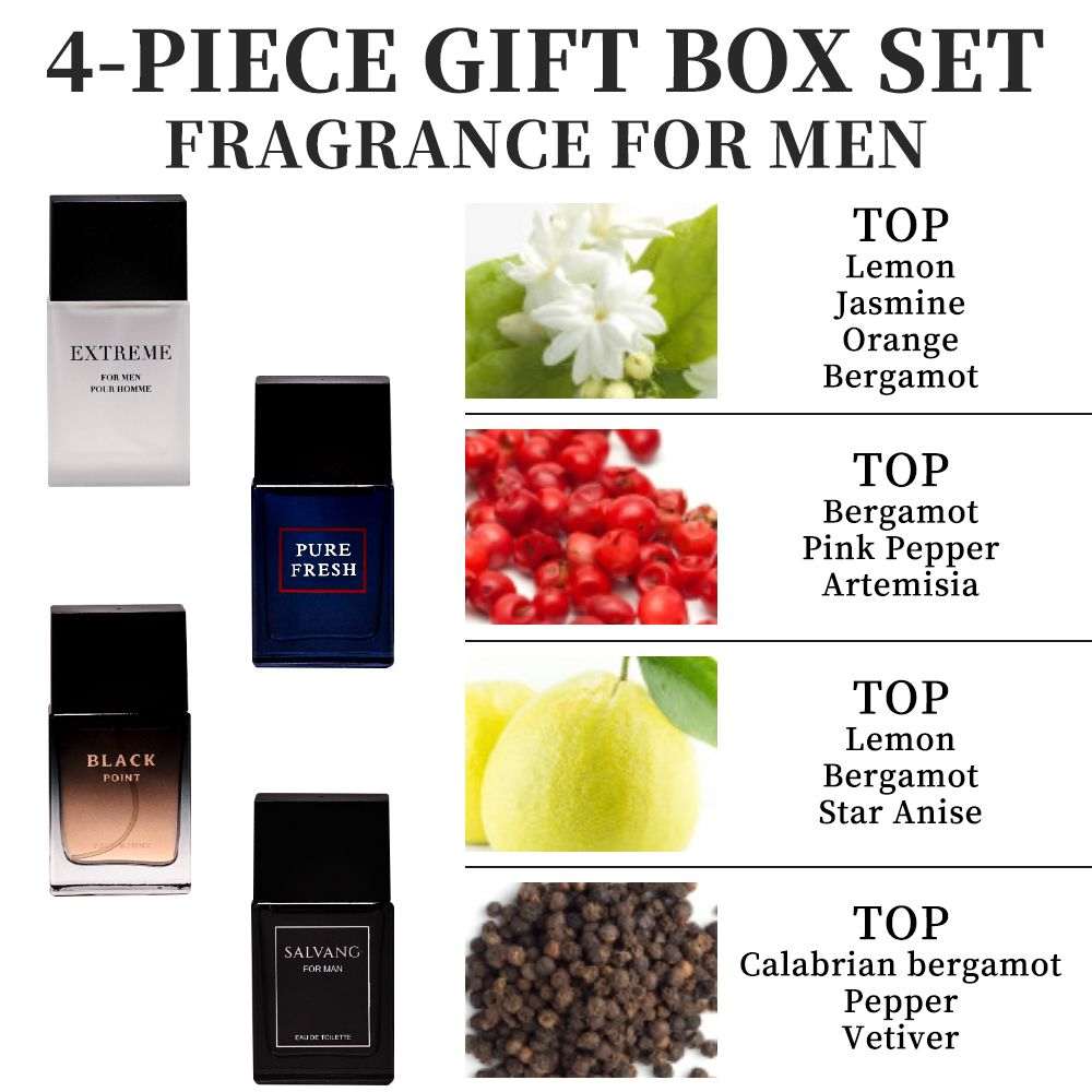 Doba 4-piece men's eau de toilette spray gift set with four different fragrances, each 1.02 oz, ideal for holiday, dating, or daily use