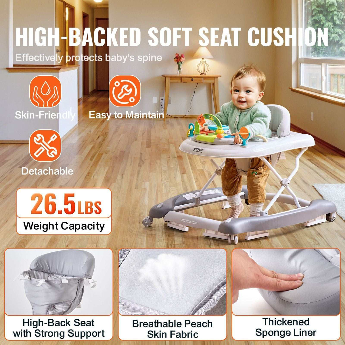 Doba 4-in-1 baby walker with foldable design, adjustable height, wheels, music tray, and toys for toddlers 6-24 months.