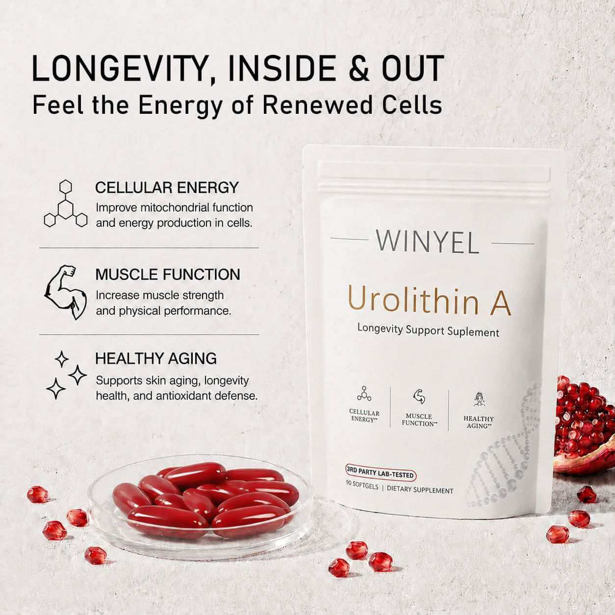 Urolithin A Supplement in white resealable pouch with brown text and red softgel capsules displayed on a clear plate