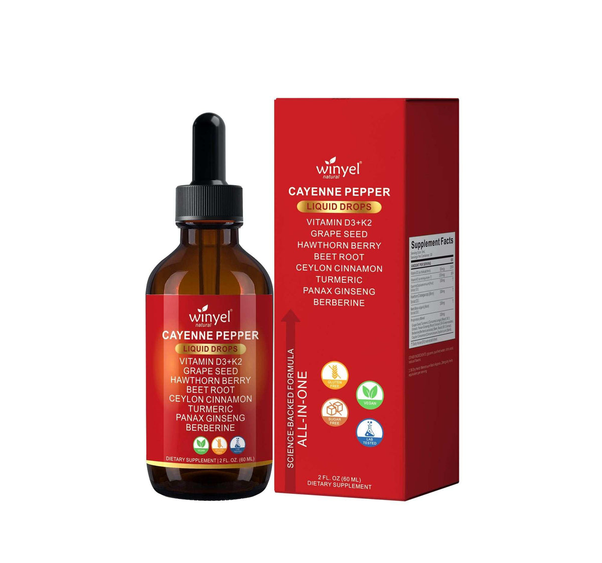 Doba WINYEL Cayenne Pepper Drops herbal supplement bottle with cayenne pepper, hawthorn berry, turmeric, and Ceylon cinnamon on a white background