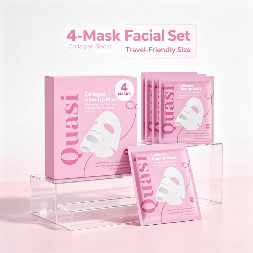 Hydrating Collagen Facial Mask set with four soft, pink, collagen glow up mask packets in travel-friendly size packaging