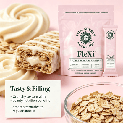 Collagen & Biotin Nutrition Bars in pink resealable pouch with individually wrapped bars, crunchy oat snack with creamy filling drizzle