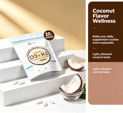 D3 K2 coconut flavor adult vitamin capsules in a resealable pouch with a coconut design and light, pleasant coconut taste