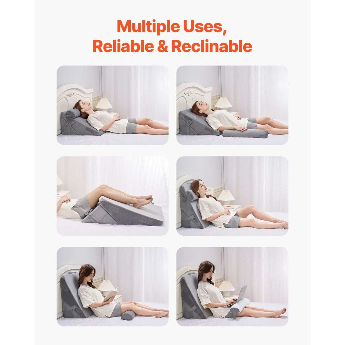 Three dark grey Doba bed wedge pillows for sleeping, adjustable orthopedic foam supports with washable covers for acid reflux and back pain relief