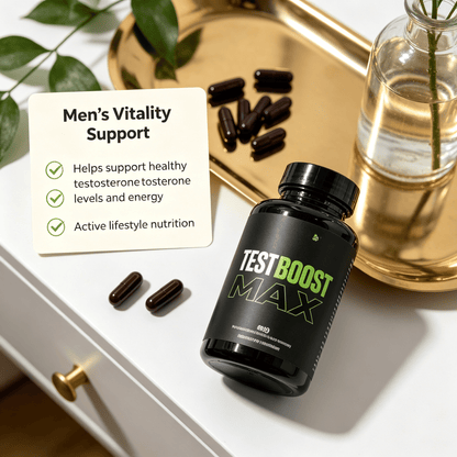 Black plastic bottle of Herbal Blend Nutritional Capsules labeled TestBoost Max with dark brown capsules scattered on a gold tray and white surface next to a note detailing men's vitality support benefits.