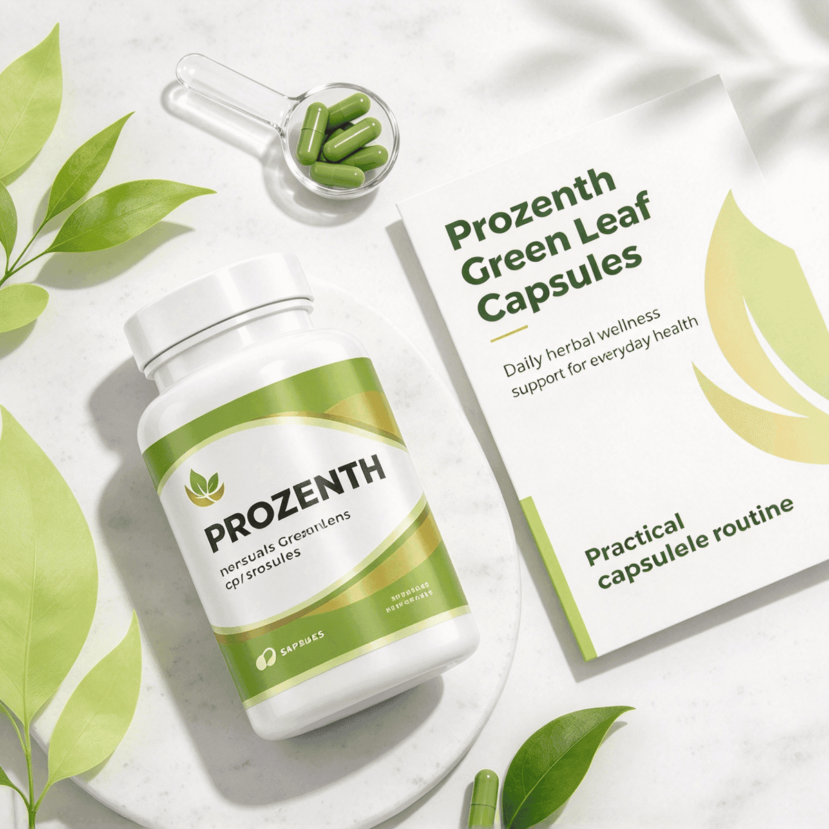 Doba Natural Green Leaf Herbal Capsules, plant-based daily supplement for wellness support, shown in a clear bottle with green leaves.