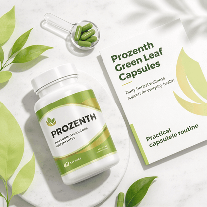 Doba Natural Green Leaf Herbal Capsules, plant-based daily supplement for wellness support, shown in a clear bottle with green leaves.