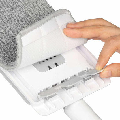 Doba self-wringing microfiber flat mop with stainless steel handle and four washable reusable mop pads for versatile dry and wet floor cleaning.