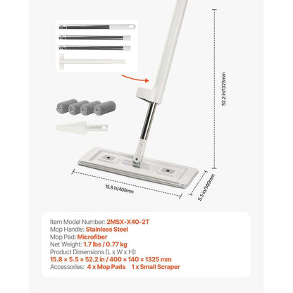 Doba self-wringing microfiber flat mop with stainless steel handle and four washable pads for dry and wet floor cleaning on hardwood and tile