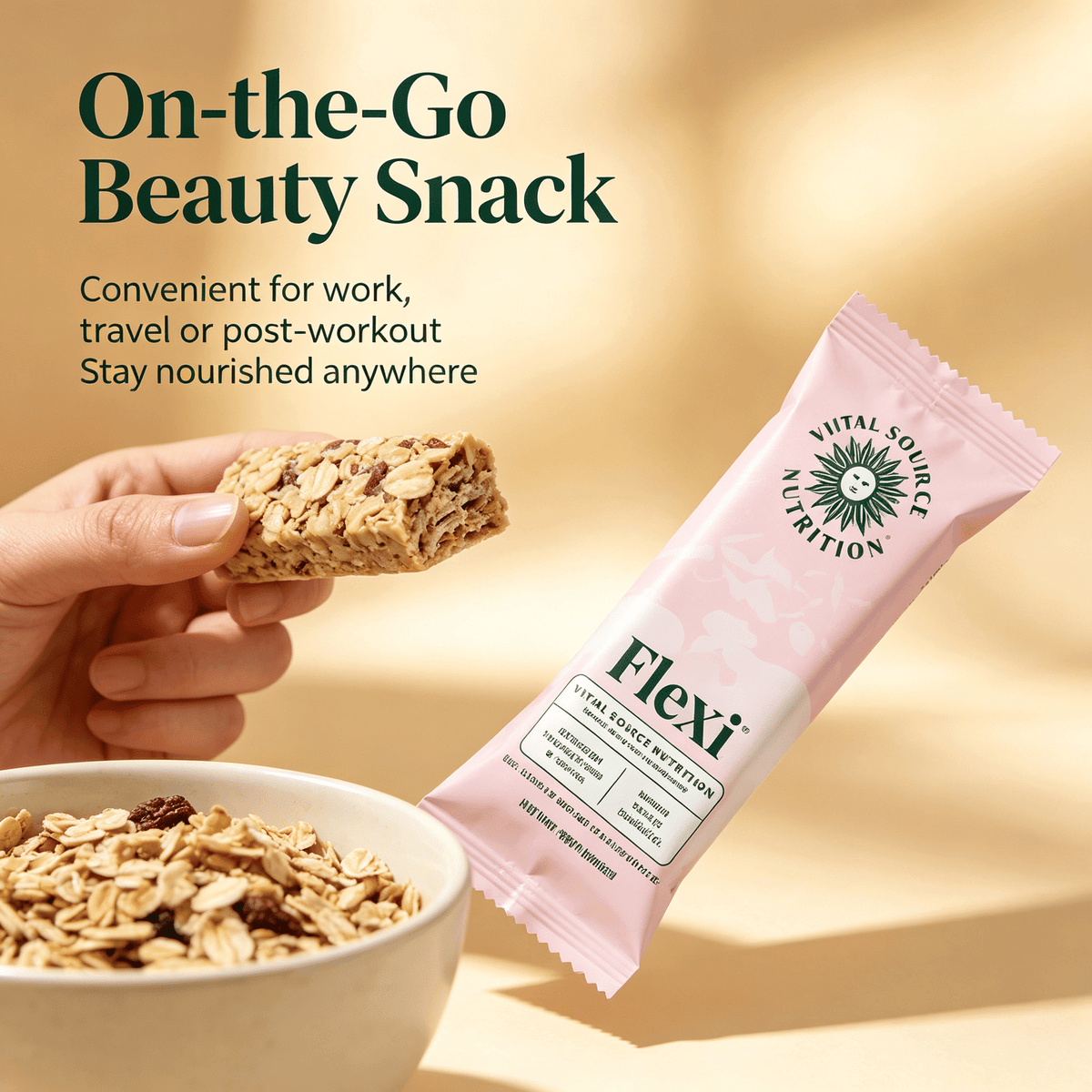 Collagen & Biotin Nutrition Bars with pink packaging, oat and nut textured snack bar held by hand, beauty wellness on-the-go snack.