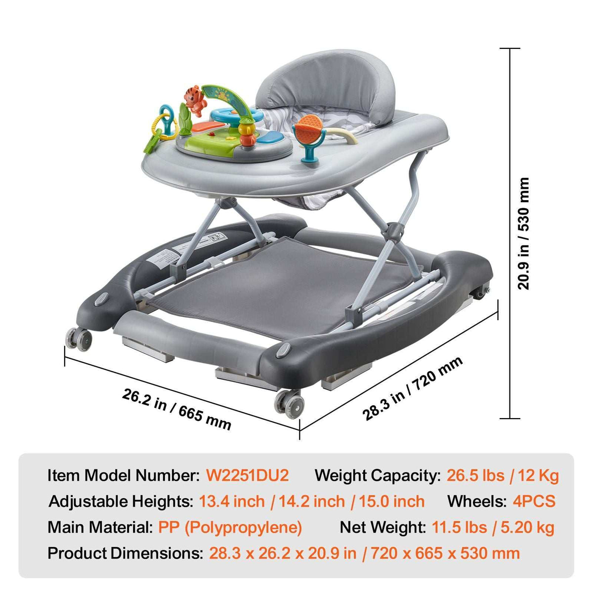 Doba 4-in-1 baby walker with foldable design, adjustable height, wheels, music and toy tray, suitable for toddlers 6-24 months