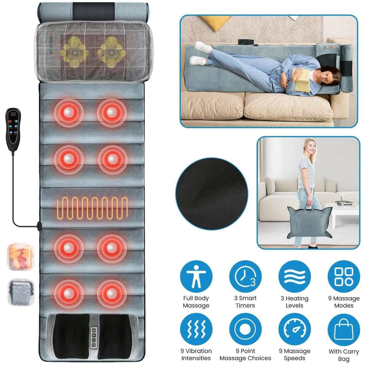 Full Body Electric Massage Mat with heating and vibration features, designed for therapeutic relaxation and stress relief.
