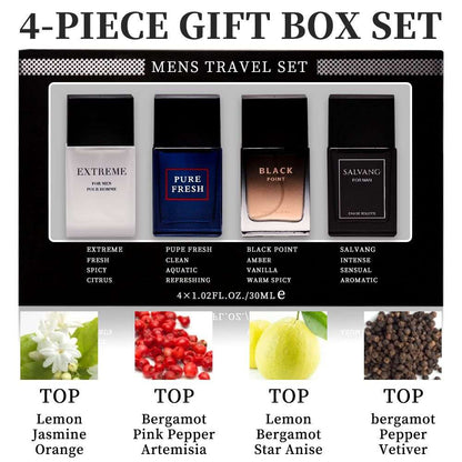 Doba 4-piece men's eau de toilette spray gift set with four different fragrances, 1.02 fl oz bottles, ideal for holidays and daily wear.