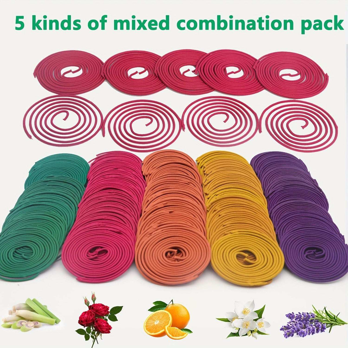 Set of 50 Doba spiral incense coils in lemongrass, rose, jasmine, lavender, and orange for aromatherapy, yoga, meditation, and air purification.