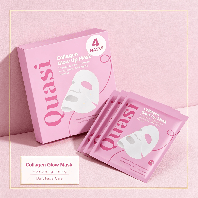 Hydrating Collagen Facial Mask set with four pink foil packets in a matching pink box, featuring moisturizing and firming benefits.