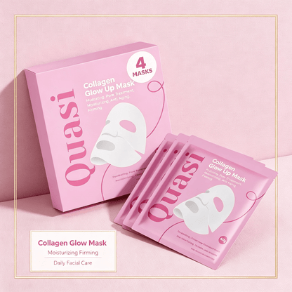 Hydrating Collagen Facial Mask set with four pink foil packets in a matching pink box, featuring moisturizing and firming benefits.