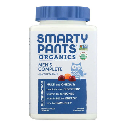 Smartypants - Gummy Vitamin men's complete multivitamin bottle with blue lid, white container, and colorful gummies on label