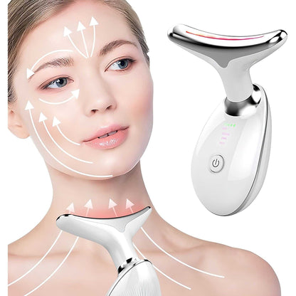 Doba VYSN GlowTone electronic neck and face lifting massager with wrinkle-reducing vibration nodes, shown in use on skin.