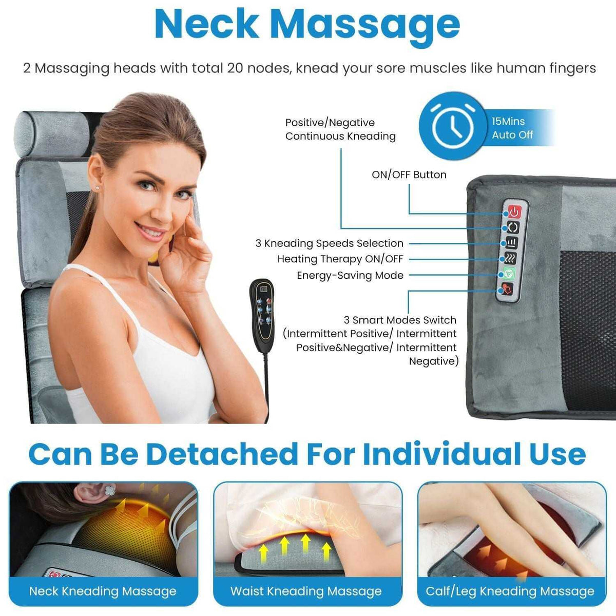 Full Body Electric Massage grey velvet massage mat with detachable neck massager, heating function, kneading nodes, and wired remote control.