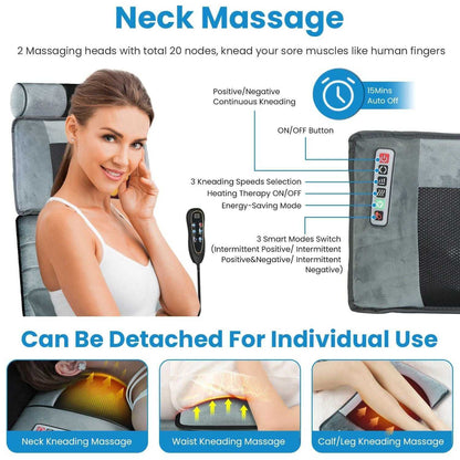 Full Body Electric Massage grey velvet massage mat with detachable neck massager, heating function, kneading nodes, and wired remote control.