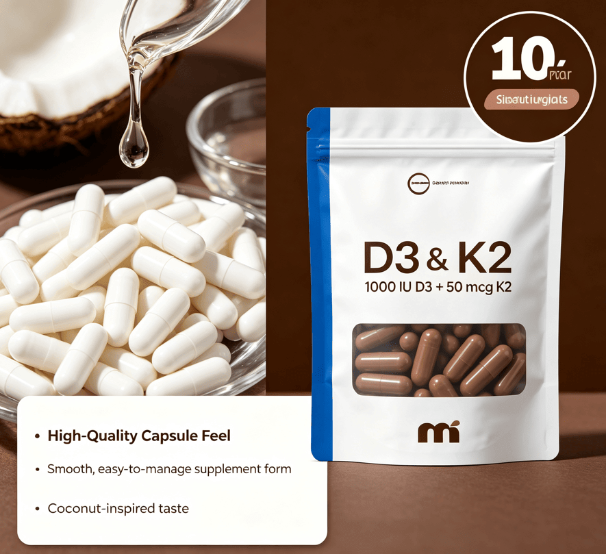 Resealable white pouch with blue side featuring D3 & K2 coconut flavor label and visible brown capsules inside and white capsules outside.