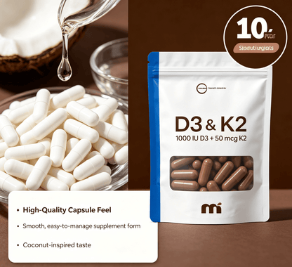 Resealable white pouch with blue side featuring D3 & K2 coconut flavor label and visible brown capsules inside and white capsules outside.