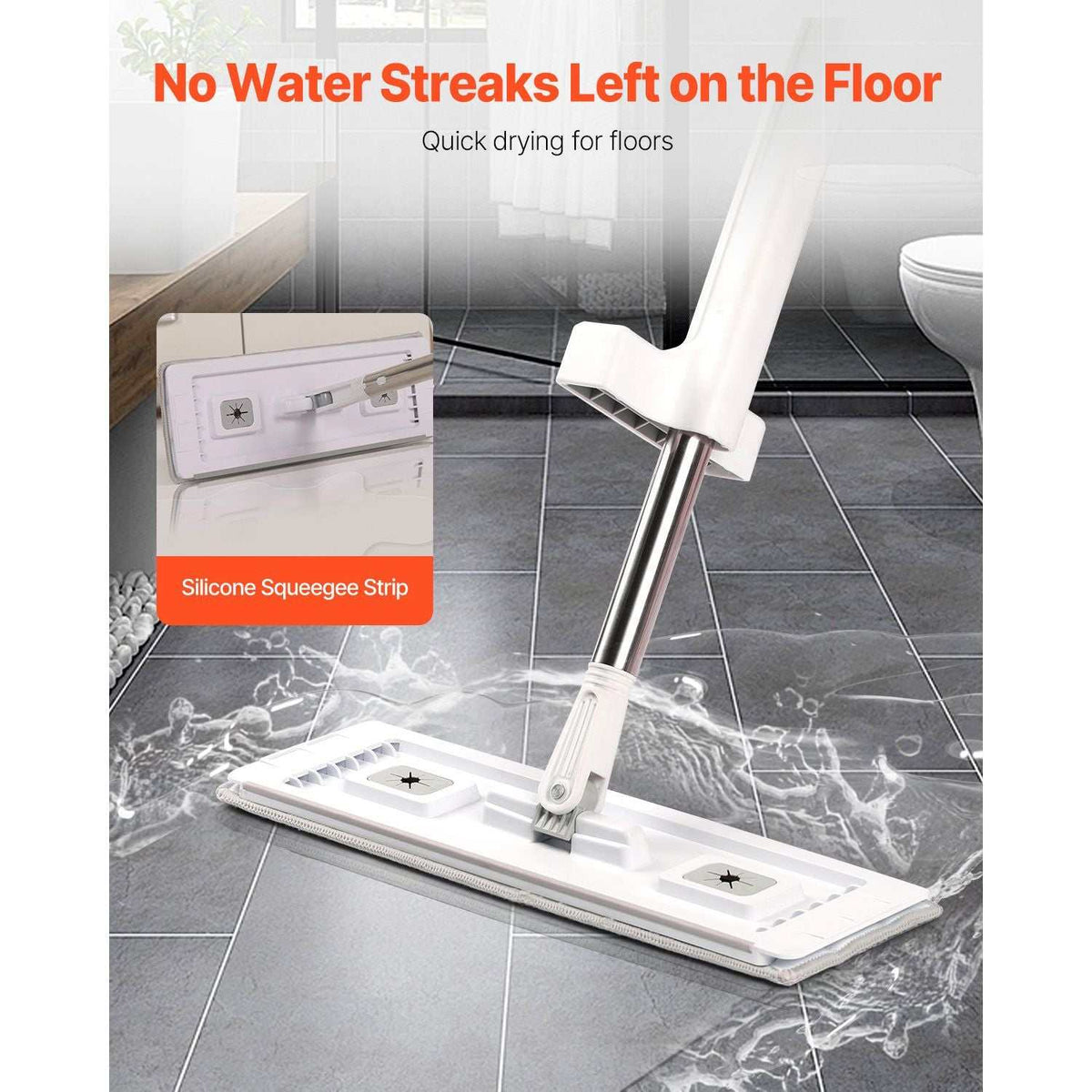 Doba microfiber flat mop with stainless steel handle and four washable mop pads for dry and wet floor cleaning on hardwood and tile surfaces.