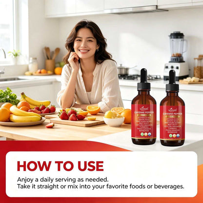Doba WINYEL Cayenne Pepper Drops herbal supplement bottle with ingredients like hawthorn berry, turmeric, cinnamon, and beet root.