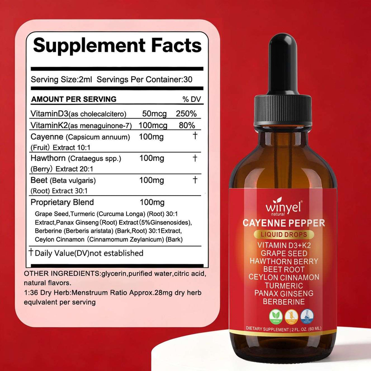 Doba WINYEL Cayenne Pepper Drops herbal supplement bottle with cayenne pepper, hawthorn berry, turmeric, and other ingredients in 60ML.