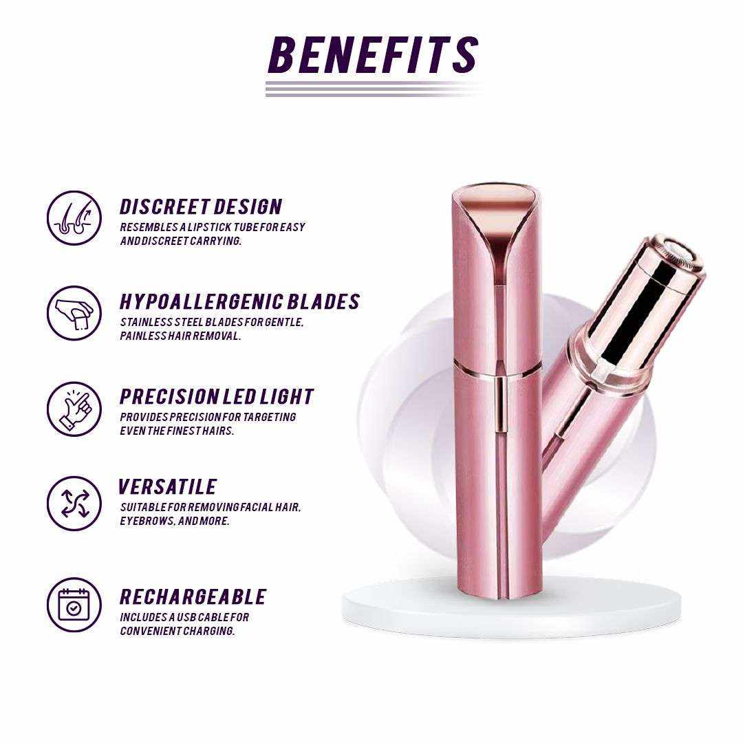 Doba facial hair remover for women, lipstick-sized electric trimmer with LED light for peach fuzz on upper lip, chin, and face.