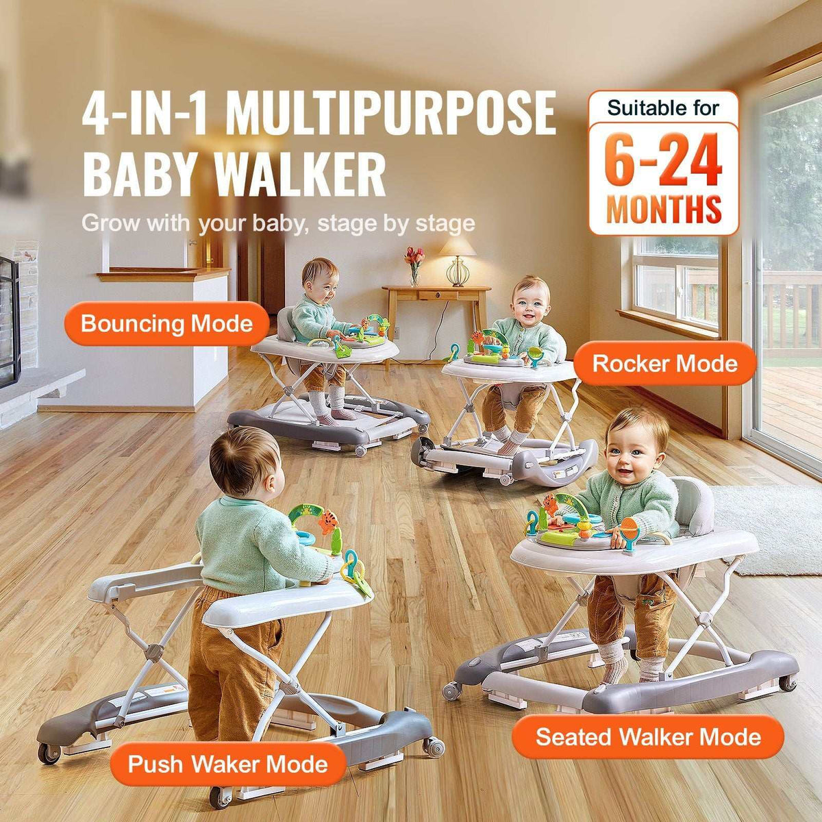 Doba 4-in-1 baby walker with adjustable height, music and toy tray, on wheels, suitable for toddlers 6-24 months.