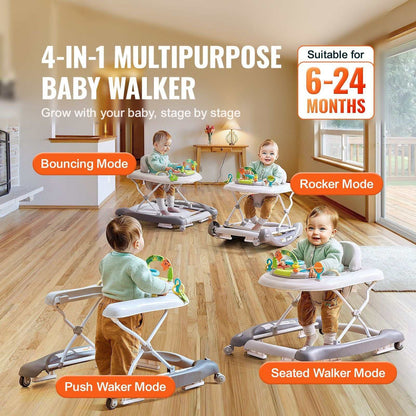 Doba 4-in-1 baby walker with adjustable height, music and toy tray, on wheels, suitable for toddlers 6-24 months.