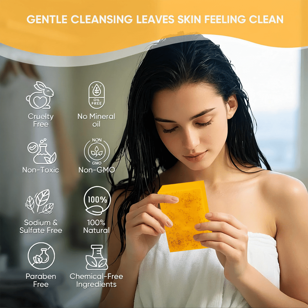 Natural Turmeric Soap bar in bright yellow with speckled texture, held by woman with wet dark hair and towel wrapped around her.