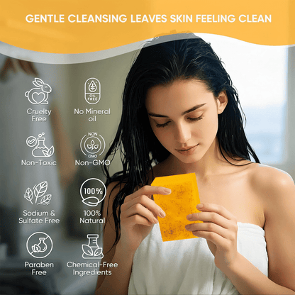 Natural Turmeric Soap bar in bright yellow with speckled texture, held by woman with wet dark hair and towel wrapped around her.
