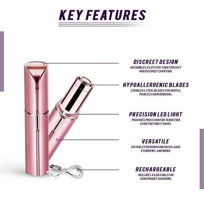 Doba wireless facial hair remover for women with LED light, lipstick-sized electric trimmer for upper lip, chin, and face.